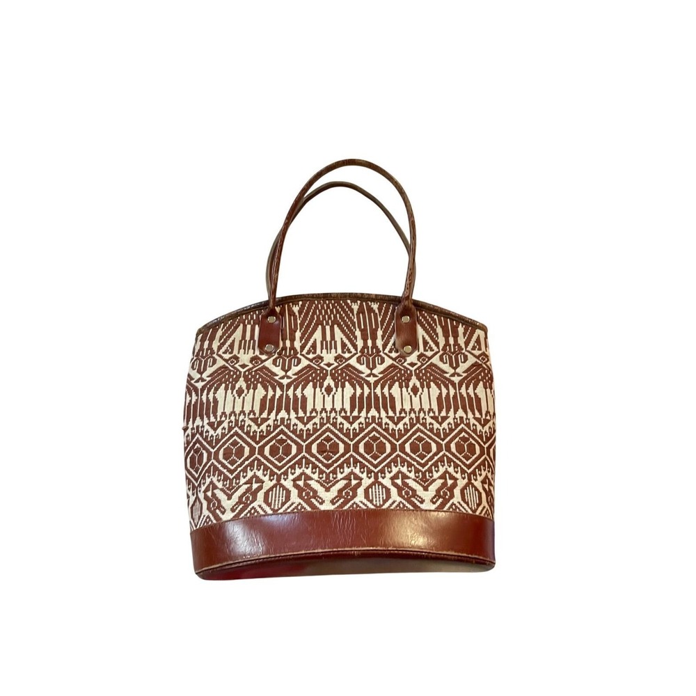 Vintage Woven Tapestry Tribal Geometric Tote Bag Brown Cream Boho Bucket Bag